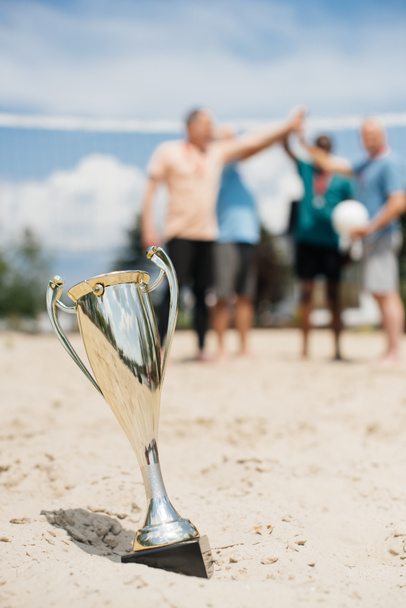 Selektiver Fokus von Champions Cup und Volleyballern auf Strand - Foto, Bild