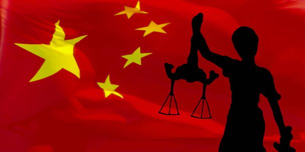 Fekete sziluettje egy szobor, az igazságszolgáltatás, a kínai zászló - Fotó, kép