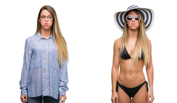 Young beautiful blonde woman wearing business and bikini outfits puffing cheeks with funny face. Mouth inflated with air, crazy expression. - Photo, Image