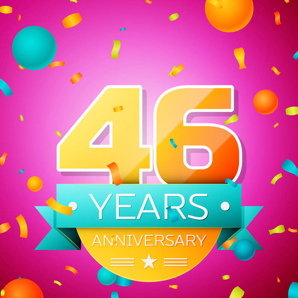 Ρεαλιστική Σχεδιασμός banner σαράντα έξι χρόνια επέτειο. Χρυσό αριθμούς και κυανό κορδέλα, μπαλόνια, κομφετί σε ροζ φόντο. Πολύχρωμο διάνυσμα πρότυπο στοιχείων για το πάρτυ γενεθλίων σας - Διάνυσμα, εικόνα