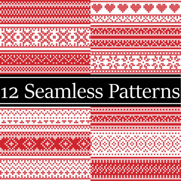  12 severský styl vektorové vzory inspirované skandinávské vánoční, sváteční zimní bezešvé vzor v cross steh s srdce, vločka, hvězda, sníh, dekorativní ornamenty červené, bílé  - Vektor, obrázek