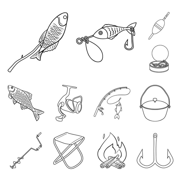 Pesca y descanso esbozan iconos en la colección de conjuntos para el diseño. Tackle para la ilustración de la tela del símbolo del vector de pesca
. - Vector, Imagen