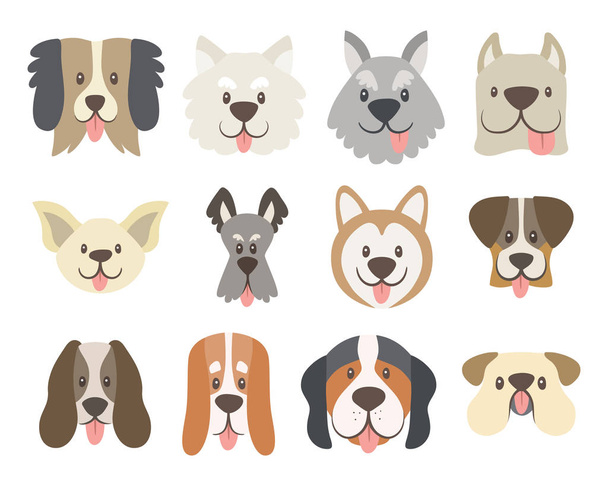 Coleção de rostos de cão. Caras de cachorro bonito desenho animado com a língua fora. Conjunto de ícones Avatar. Ilustração vetorial
. - Vetor, Imagem