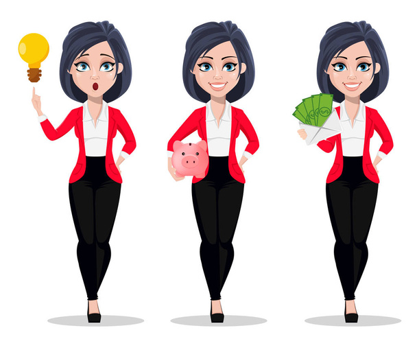 Business woman, manager, banker, set of three poses. Beautiful banker in business suit. Cartoon character having a good idea, holding piggy bank and holding envelope with money. Vector illustration - Vector, Image