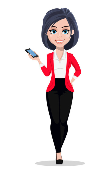 Γυναίκα σε εργασία, διευθυντής, τραπεζίτης. Όμορφα Γυναικεία τραπεζίτης σε επαγγελματικό κοστούμι. Αρκετά καρτούν χαρακτήρα εκμετάλλευσης smartphone. Εικονογράφηση διάνυσμα σε λευκό φόντο - Διάνυσμα, εικόνα