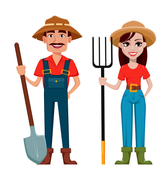 Farmers, man and woman, cartoon characters, set. Beautiful lady gardener with pitchfork and handsome gardener with shovel. Vector illustration. - Vector, Image