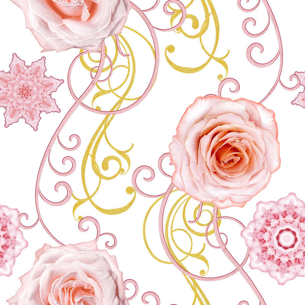 Seamless pattern. Decorative decoration, paisley element, delicate textured leaves made of fine lace and pearls. Jeweled shiny curls, bud pastel pink rose. Openwork weaving delicate. - Φωτογραφία, εικόνα