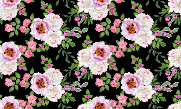 Floral seamless pattern. Flower arrangement, bouquet of delicate beautiful pink roses, white peonies green leaves. - 写真・画像