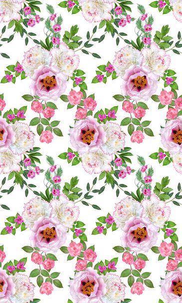 Floral seamless pattern. Flower arrangement, bouquet of delicate beautiful pink roses, white peonies green leaves. - Fotó, kép