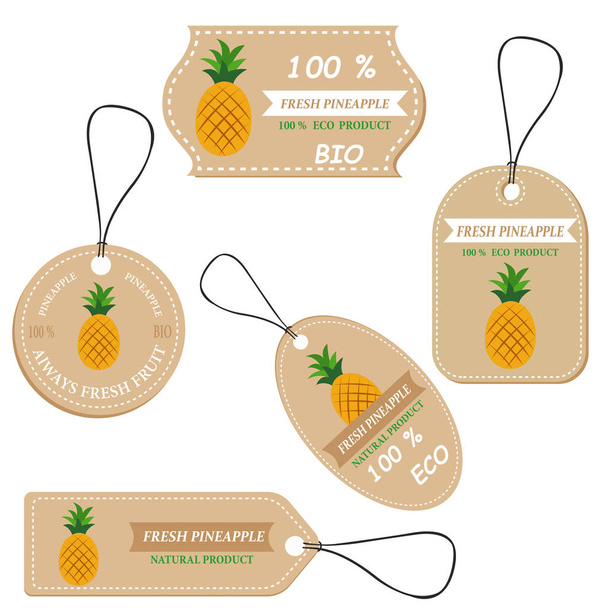 Labels with various fruits,for pineapple  and inscriptions. Set templates price tags for shops and markets of organic vegetarian food. Vector illustration - Vector, Image