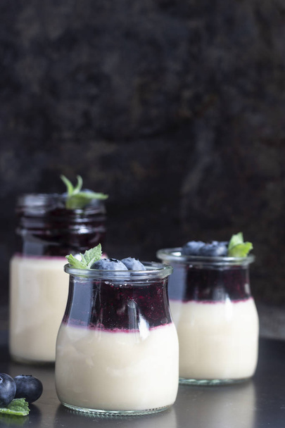 Coffee panna cotta with berry coulis and fresh blueberries. Delicious Italian dessert panna cotta - Fotoğraf, Görsel
