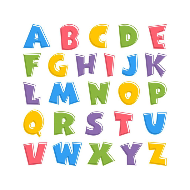 Αλφάβητο για τα παιδιά σε στυλ καρτούν. Παιδική γραμματοσειρά με ροζ, μπλε, κίτρινο, πράσινο και μοβ γράμματα. Εικονογράφηση διάνυσμα σε λευκό φόντο. - Διάνυσμα, εικόνα