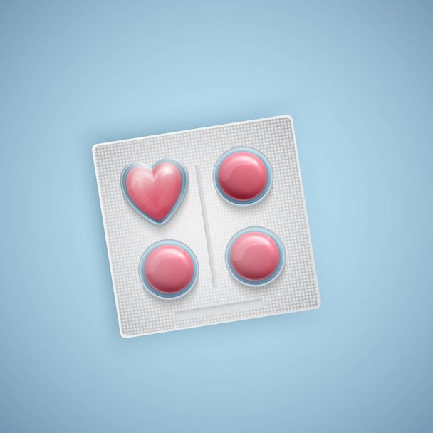 Heart shaped pills, heart care, medical supplies, realistic vector illustration - Vector, Image