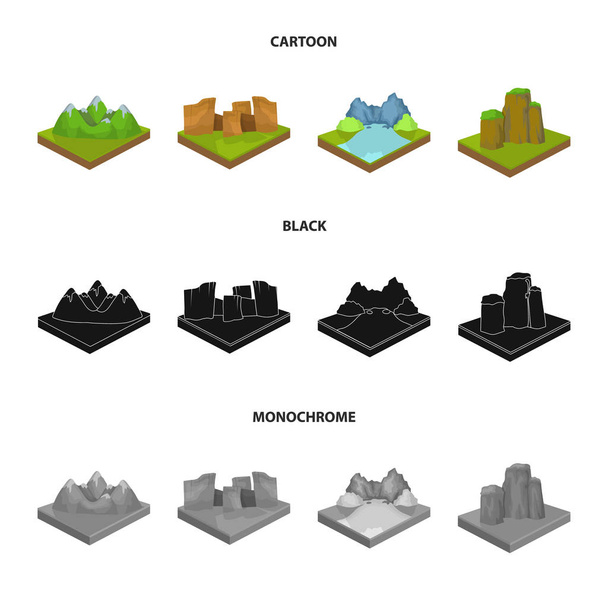 Mountains, rocks and landscape. Relief and mountains set collection icons in cartoon,black,monochrome style isometric vector symbol stock illustration web. - Vektor, obrázek