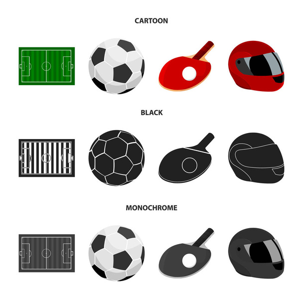 Πεδίο, στάδιο με τα σημάδια για να παίζουν ποδόσφαιρο, μπάλα ποδοσφαίρου, ρακέτα με μια μπάλα του πινγκ-πονγκ, προστατευτικό κράνος για το παιχνίδι, το γάντι του μπέιζμπολ ή ράγκμπι. Αθλητισμός εικόνες συλλογή που σε καρτούν - Διάνυσμα, εικόνα
