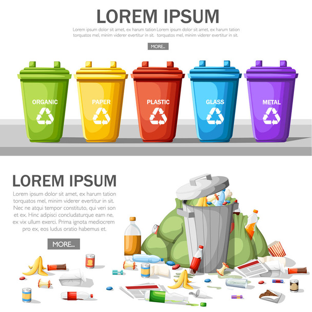 Collection of garbage cans with sorted garbage. Steel garbage bin full of trash. Ecology and recycle concept. Garbage recycling and utilization concept. Flat vector illustration on white background. - Vector, Image