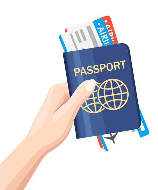 航空券とパスポートをベクトルです。空気旅行の概念。旅行者のためのフラットなデザイン市民 Id。青い国際文書。ベクトルの図。白い背景に分離. - ベクター画像