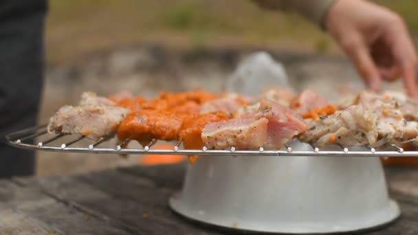 Sjasliek BBQ-shish kebab vlees gelegd op mangal grill grid voor koken - Video