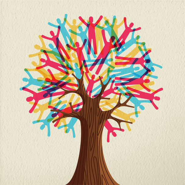 Símbolo del árbol hecho de siluetas de gente colorida. Ilustración conceptual para ayuda comunitaria, proyecto ambiental o diversidad cultural. EPS10 vector
 - Vector, Imagen