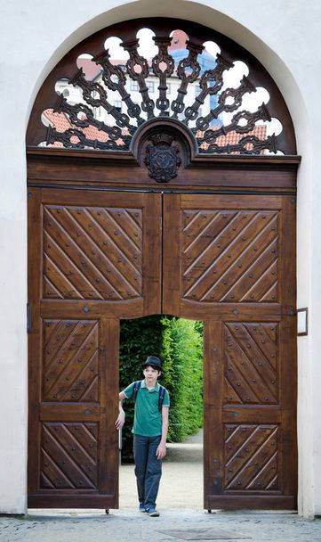 Chlapec s kloboukem a zelené tričko projde vysoké dřevěné dveře  - Fotografie, Obrázek