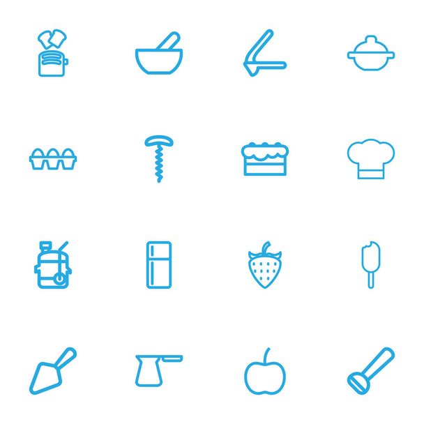 Ensemble de 16 icônes de cuisine modifiables style ligne. Comprend des symboles tels que concasseur, truelle, tire-bouchon et plus encore. Peut être utilisé pour la conception web, mobile, UI et infographique
. - Vecteur, image