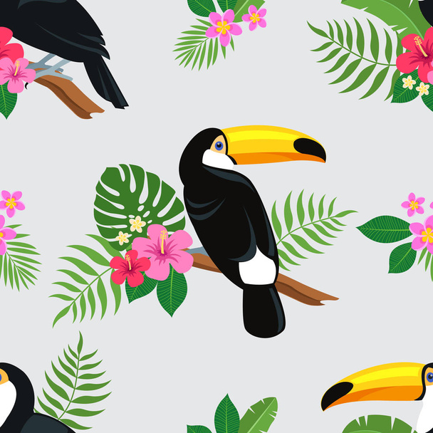 Summer colorful bright seamless hand drawn tropical pattern with toucan birds and exotic plant leaves and flowers of hibiscus and plumeria on gray background. Hawaiian style. Vector illustration - Vektori, kuva