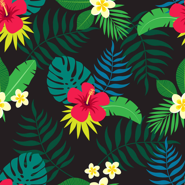 Exotic seamless colorful pattern with tropical jungle leaves and flowers of plumeria and hibiscus on dark background. Floral modern pattern for textile, manufacturing etc. Vector illustration - Wektor, obraz