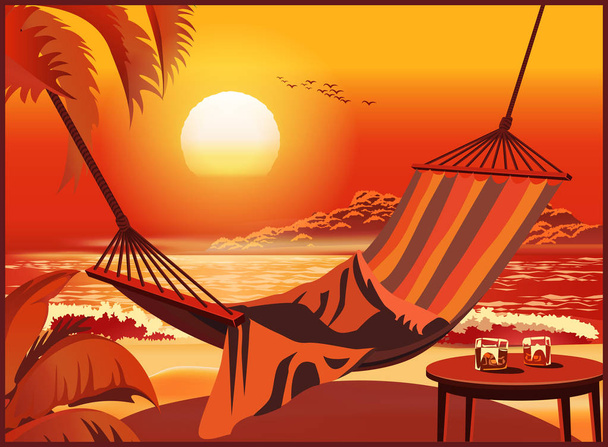 Riippumatto hiekkaisella trooppisella rannalla ja kaksi lasillista viskiä auringonlaskun aikaan
 - Vektori, kuva