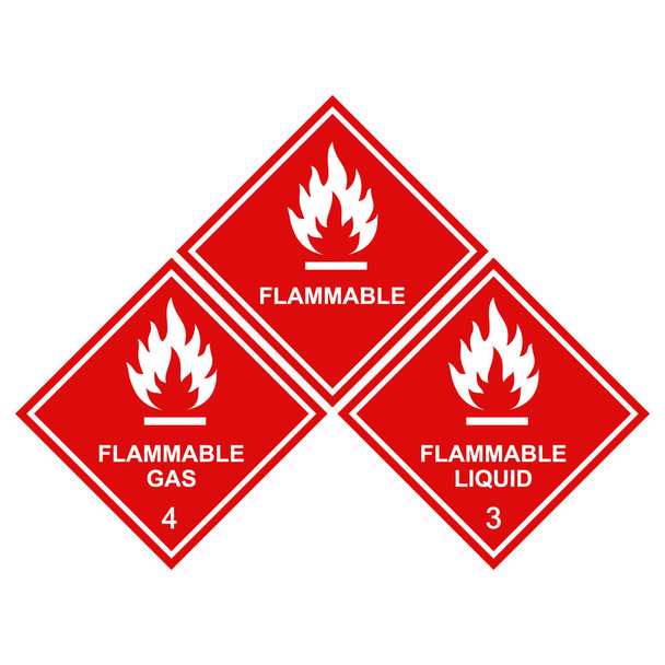 набір значків вогнегасних знаків, горючий газ, вогнегасні рідкі етикетки червоні квадрати
 - Вектор, зображення