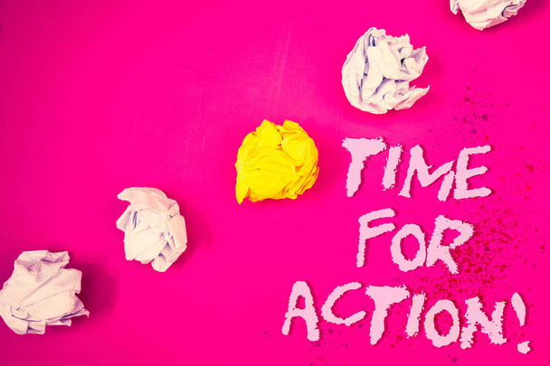 Word writing text Time For Action Motivational Call. Business concept for Urgency Move Encouragement Challenge Work Words pink background crumbled paper notes yellow white diagonal stress - Photo, Image