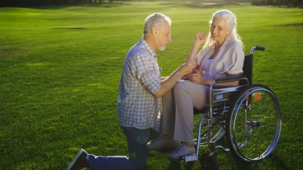 Старший мужчина на коленях делает предложение женщине на инвалидной коляске
 - Кадры, видео