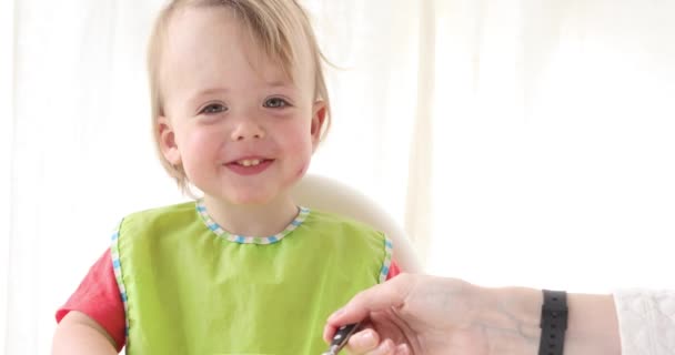 Baby boy feeding with a spoon - Filmmaterial, Video