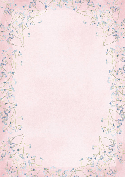der vertikale Verlauf rosa Grunge Retro-Stil Papierhintergrund mit blauer Blume Zeichnungsrand - Foto, Bild