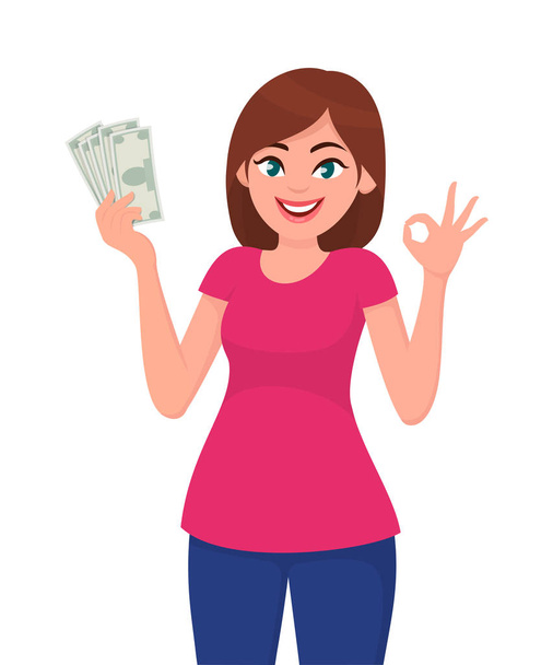 Mujer joven sosteniendo efectivo / moneda / dinero en la mano y mostrando el signo OK / OK. Ilustración vectorial en estilo de dibujos animados
. - Vector, Imagen