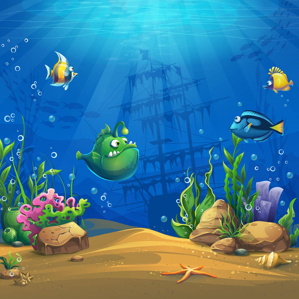 水中の世界で漫画の魚。別の住民と海洋の生活風景。デザインの web サイトや携帯電話、印刷. - ベクター画像