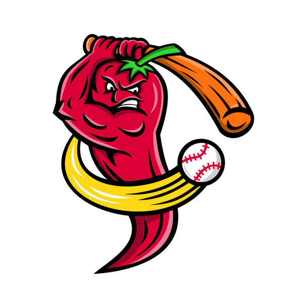 Maskot ikonu obrázku červené chili Pepper z jazyka Nahuatl chilli, plody rostlin z rodu Capsicum, členové rodiny lilek, jako hráč baseballu na pálku s baseballovou pálku na izolované pozadí v retro stylu - Vektor, obrázek
