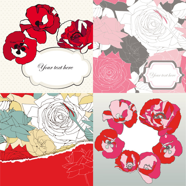 Set of decorative cards with roses and poppies - Vektori, kuva