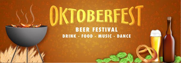 Hot barbecue, wheat grain and cocktail glass, bottle, sausage with fork, pretzel, hops on shiny brown bubbles background for Oktoberfest header or banner design. - Wektor, obraz