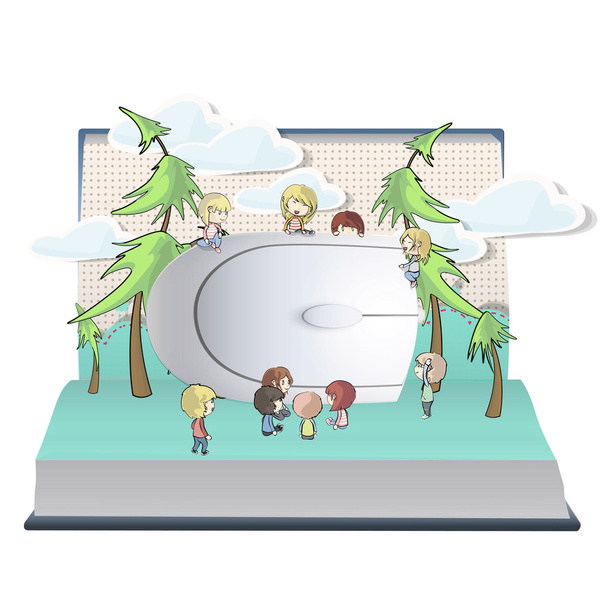 Computer mouse with multiple kids inside a book. Vector design. - Vector, Image