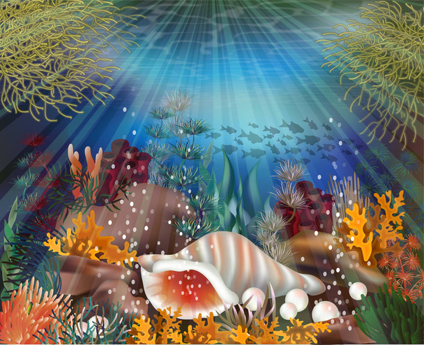 Underwater wallpaper with conch shell, vector illustration - Вектор,изображение
