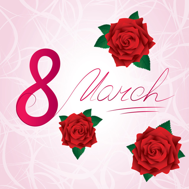 8 march Women's Day card with red lush roses - Vector, Image