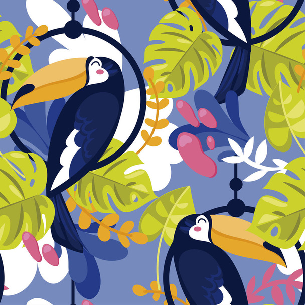 Seamless pattern with toucan and tropical plants, cartoon flat style and bright palette, vector illustration - Vektor, Bild