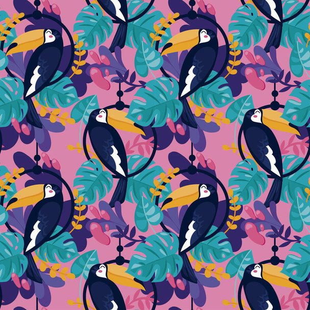 Seamless pattern with toucan and tropical plants, cartoon flat style and bright palette, vector illustration - Vektör, Görsel