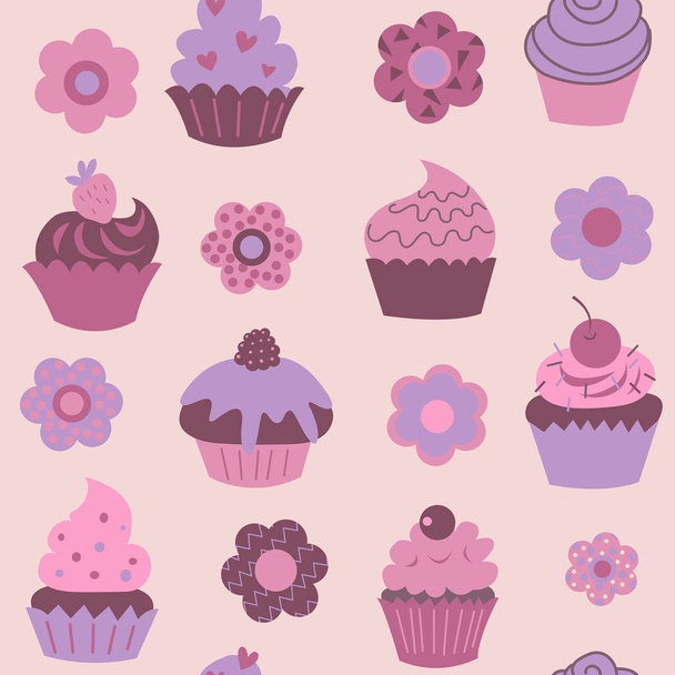 Seamless pattern with a cute decorative cupcakes and flowers - Vektör, Görsel