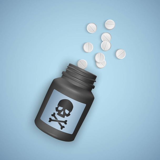 Zwarte fles met giftige pillen, een fles toont een schedel met crossbones, realistische 3d illustratie - Vector, afbeelding
