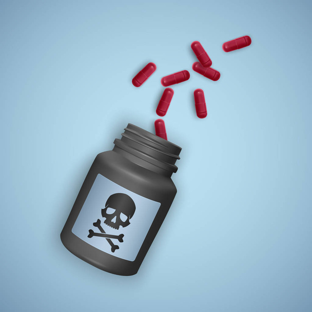 Bouteille noire avec des pilules toxiques, une bouteille représente un crâne avec des os croisés, illustration 3D réaliste
 - Vecteur, image