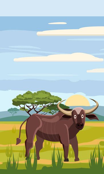 bufffolo niedlicher Cartoon-Stil im Hintergrund Savanne Afrika, isoliert, Vektor - Vektor, Bild