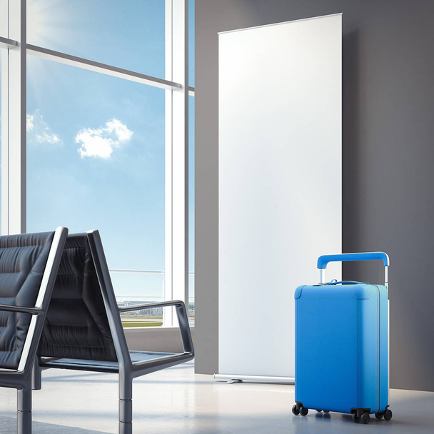 Travel blue suitcase at the airport. 3d rendering - Φωτογραφία, εικόνα