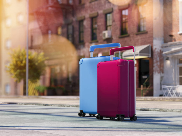 Travel suitcases at the street. 3d rendering - Foto, afbeelding