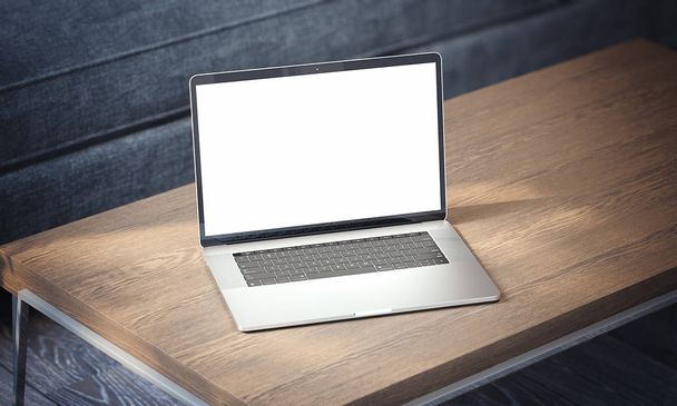 Realistic laptop with blank screen on wooden table. Side view. 3d rendering - Foto, Imagem
